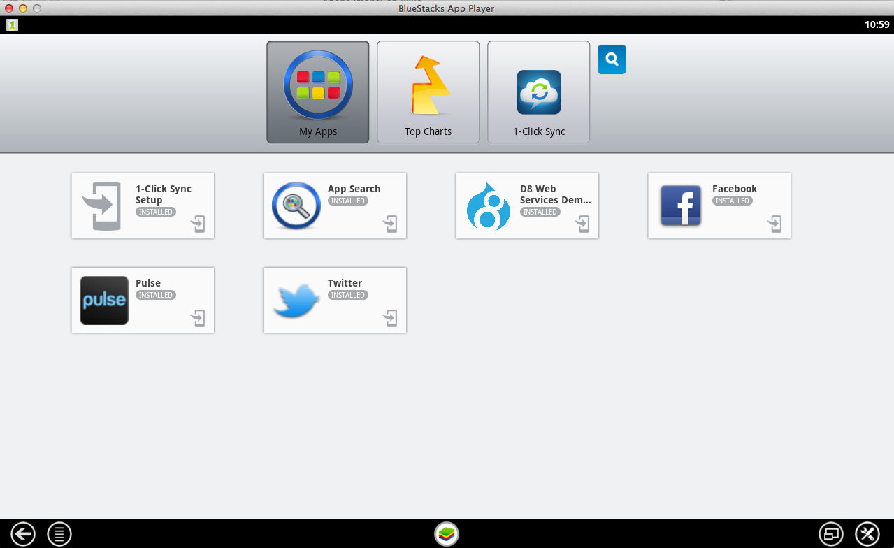 BlueStacks dashboard, showing a Drupal 8 icon on our custom app.