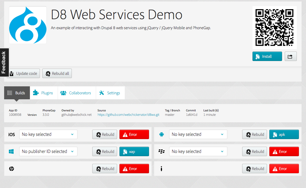 PhoneGap dashboard, showing compilation statuses.