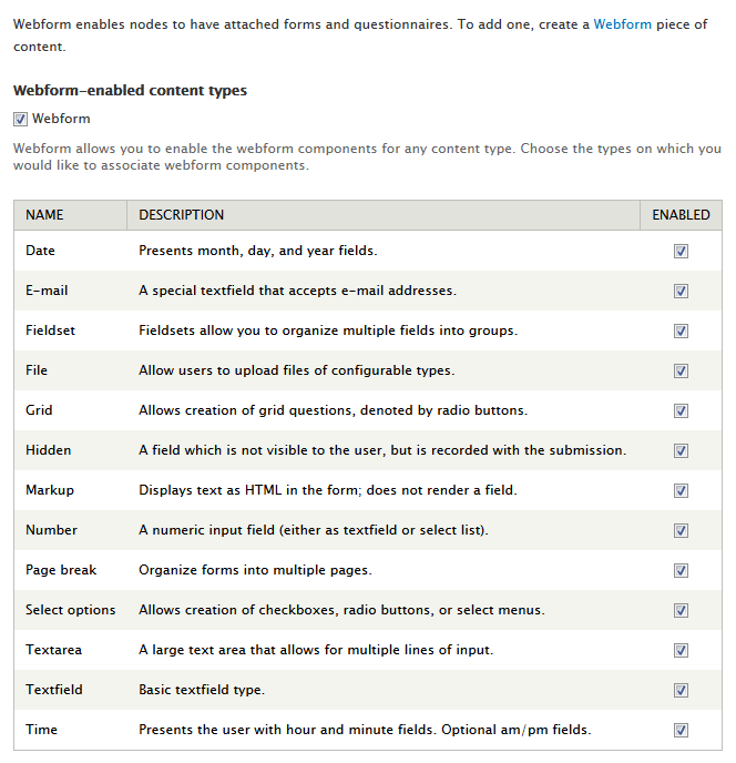 Webform settings for components