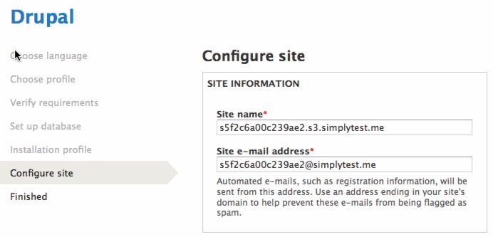  You may choose to customize the site information, or leave it as the defaults provided by simplytest.me