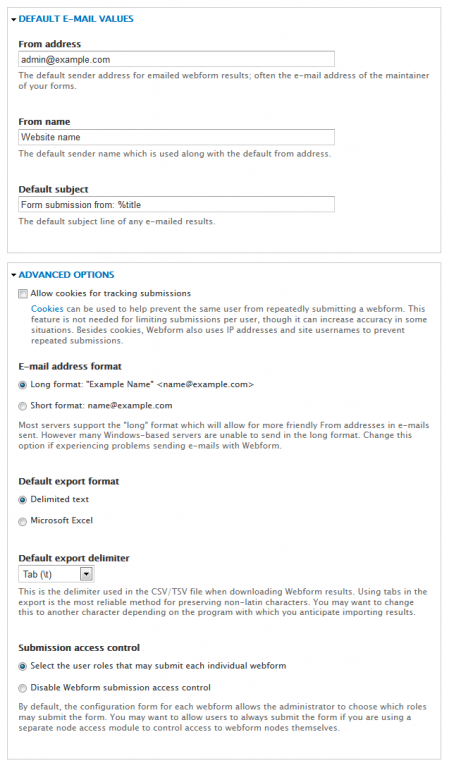 Webform settings for e-mail, etc